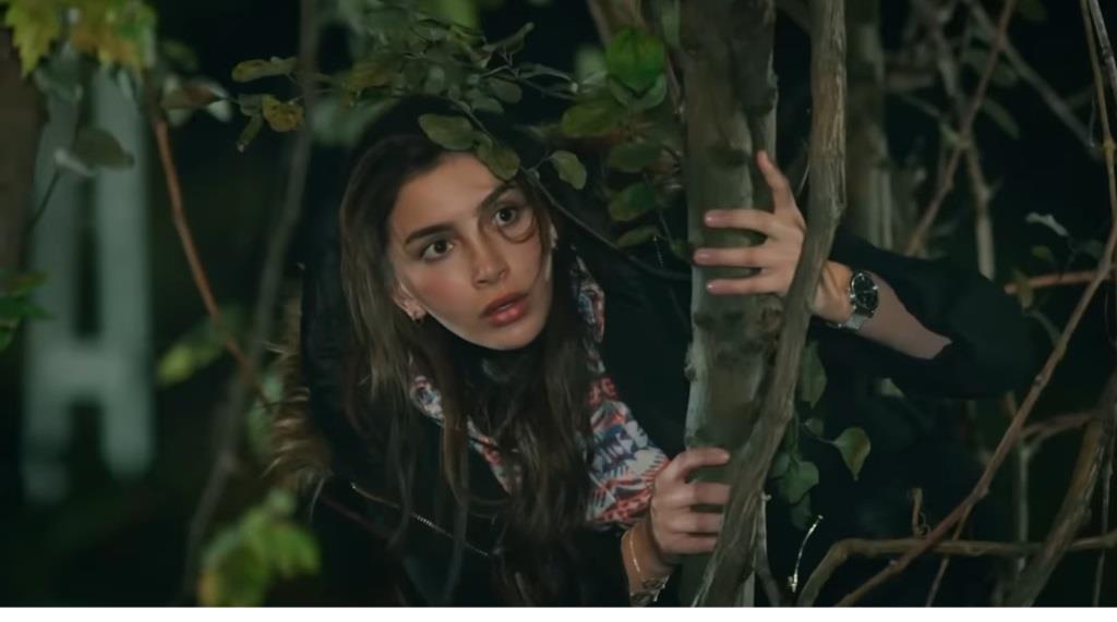 Kadr z 366. odcinka serialu "Dziedzictwo" przedstawia Duygu, która wspięła się na drzewo i z ukrycia obserwuje Aliego, rozmawiającego z inną kobietą.