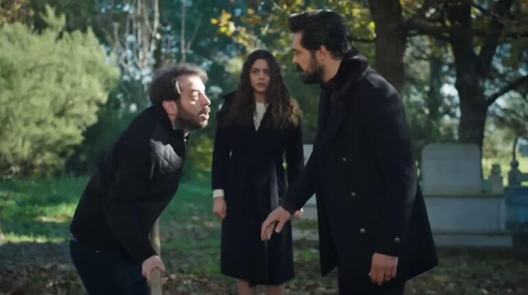 Kadr z 413. odcinka "Dziedzictwa". Yaman i Seher znajdują Ziyę na cmentarzu.