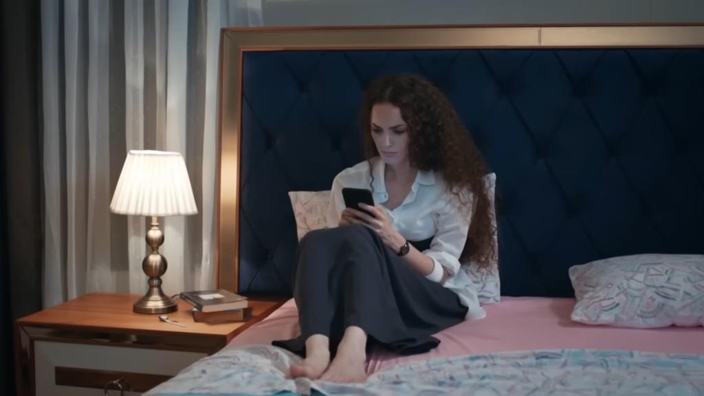 Nana siedzi na łóżku i wpatruje się w ekran telefonu.