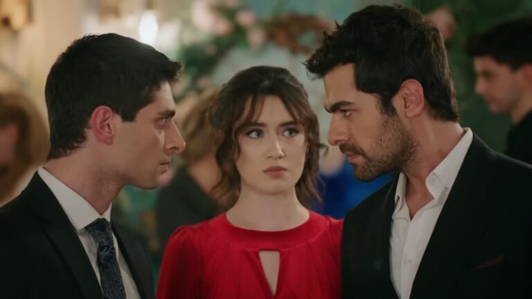 Kadr z 54. odcinka "Wichrowego Wzgórza". Halil i Orhan rywalizują o względy Zeynep podczas przyjęcia.