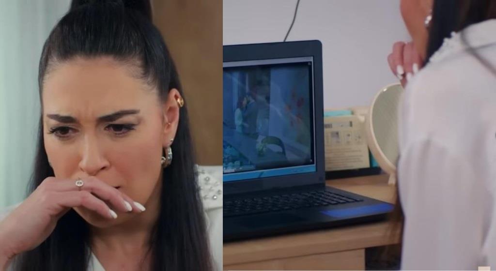 Kadr z 58. odcinka serialu "Miłość i nadzieja". Handan ogląda nagranie, na którym Elif i Kuzey się całują.
