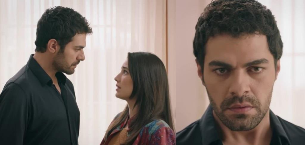 Kadr z 104. odcinka serialu "Wichrowe Wzgórze". Gulhan chce, by Halil odesłał z farmy Zeynep i jej rodzinę. Halil jest zaskoczony jej żądaniem.