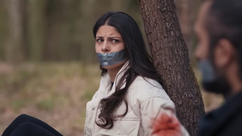 Ayse jest przywiązana do drzewa i ma zaklejone taśmą usta. Patrzy na Ferita.