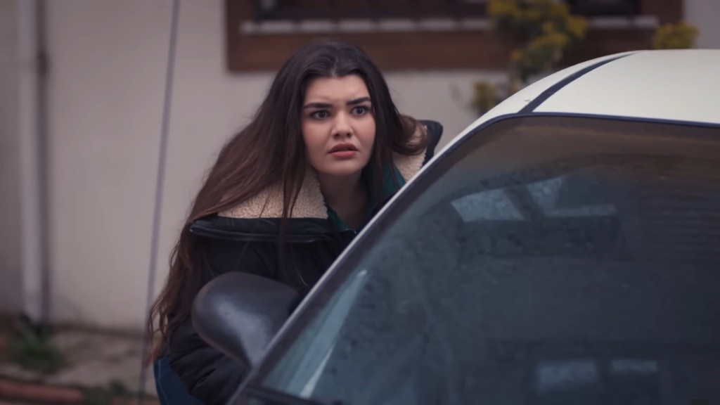 Nese wygląda zza samochodu.