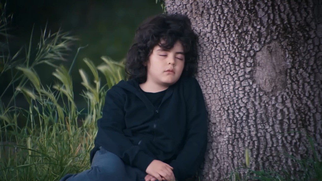 Yusuf śpi z głową opartą o pień drzewa.