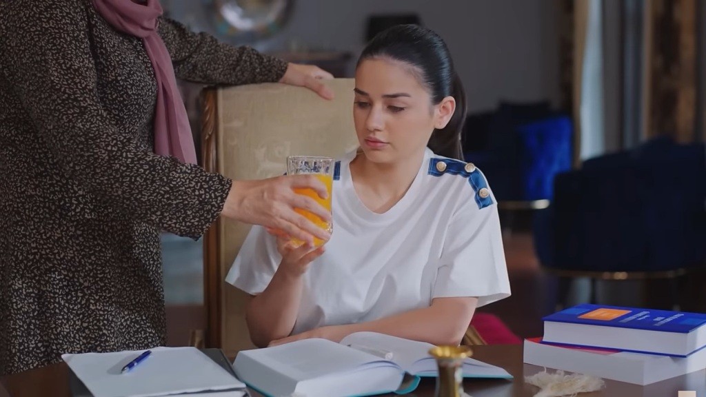Cavidan podaje Bahar szklankę soku pomarańczowego.