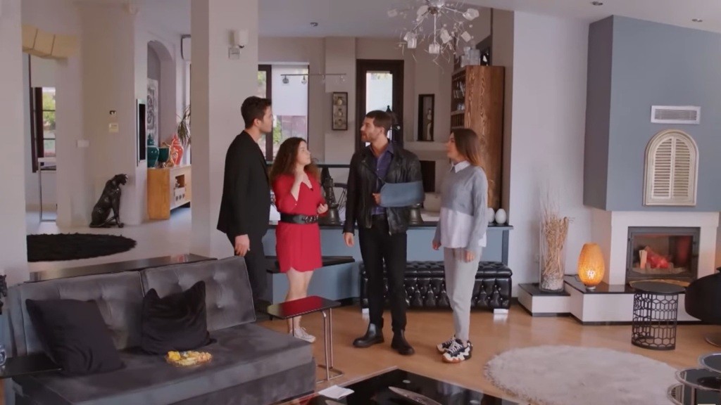 Ege, Melis, Cihan i Zeynep rozmawiają w salonie.