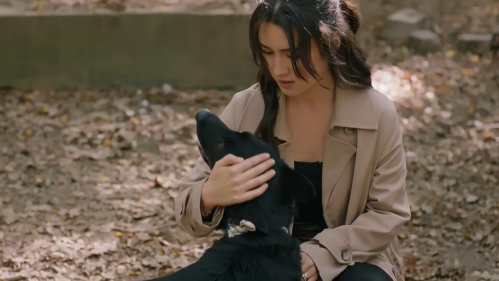 Zeynep głaszcze psa.