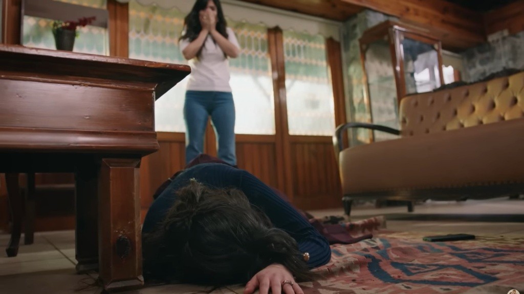 Gozde zasłania twarz dłońmi, widząc leżącą nieruchomo na dywanie Zeynep.