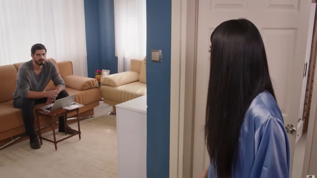 Hancer wychodzi z sypialni w koszuli nocnej i widzi siedzącego na kanapie Cihana.