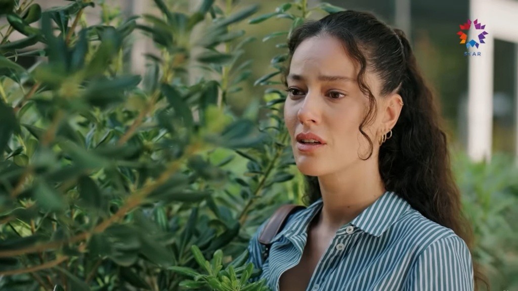 Diyar wygląda zza zielonego krzewu.