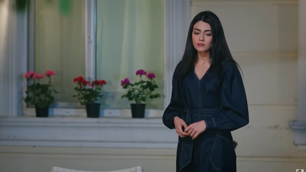 Hancer w ciemnej, eleganckiej odzieży stoi przy oknie z kwiatami w doniczkach widocznych w tle. Jej wyraz twarzy sugeruje refleksję lub melancholię.