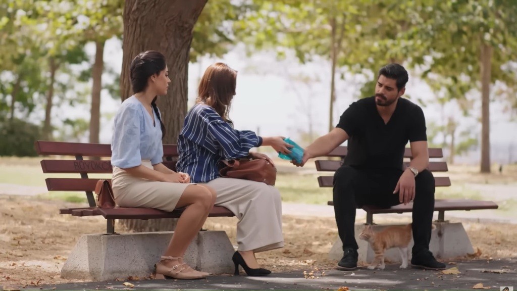 Scena w parku. Cihan podaje Yasemin reklamówkę z lekami, które przyjęła Beyza. Obok Yasemin na ławce siedzi Hancer.